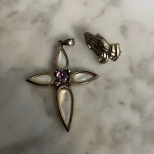 Sterling Mother of Pearl Cross & Praying Hands Pin